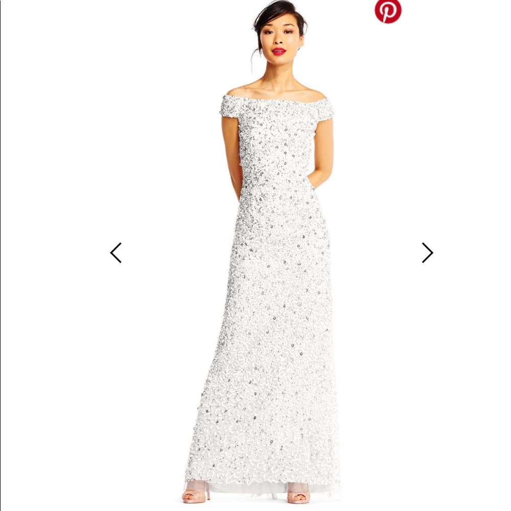 Adrianna Papell Off Shoulder Sequin Beaded Gown